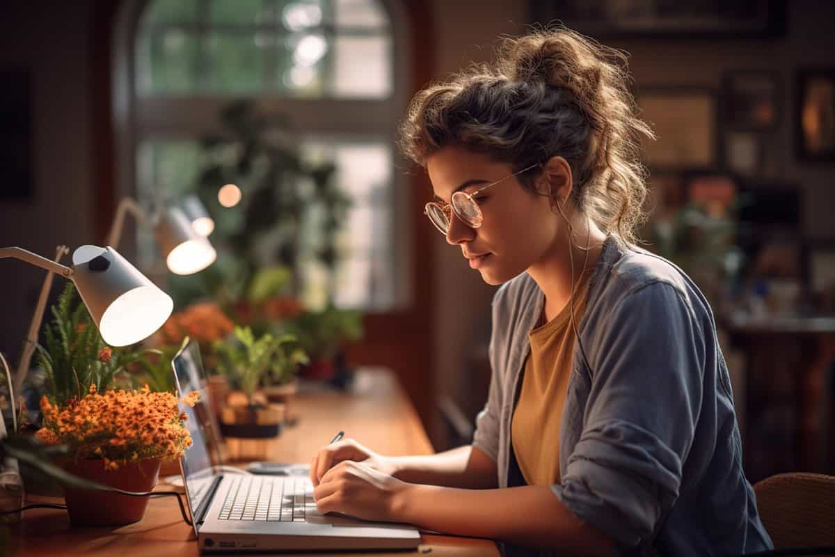 woman working on writing skills using laptop at desk