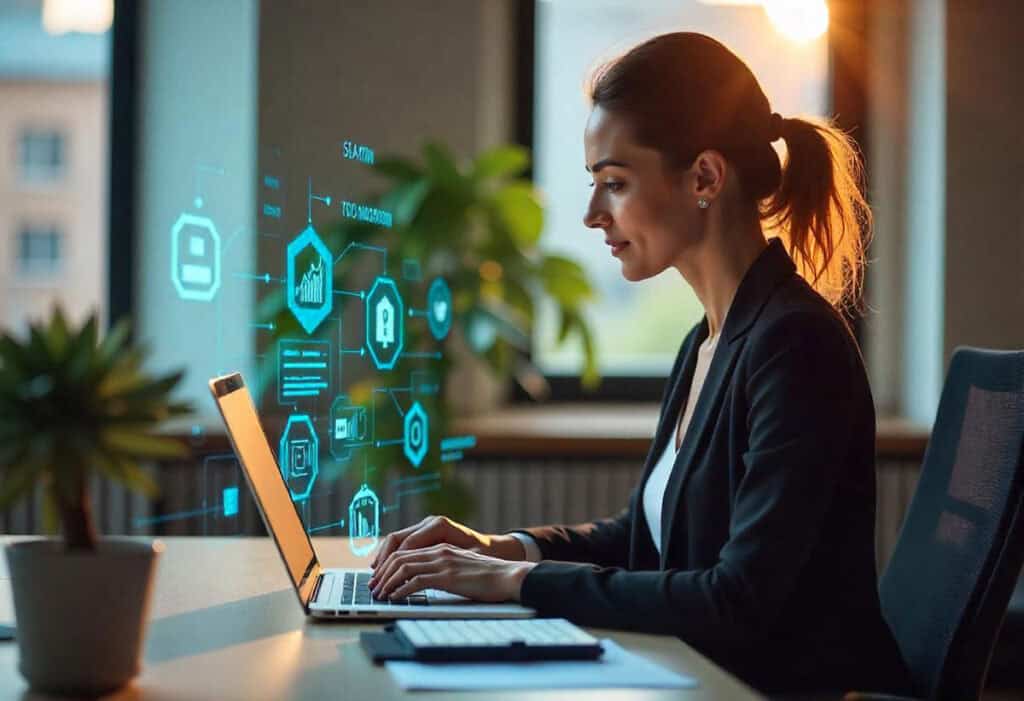 A professional woman sitting at a modern office desk, typing on her laptop. The screen displays holographic icons related to AI writing, blogging, and SEO, with symbols like a robot, text editor, and search engine graphs floating around. The office has large windows with natural light, and in the background, subtle digital elements like binary code and glowing data streams create a futuristic, high-tech . Ai to write blog posts