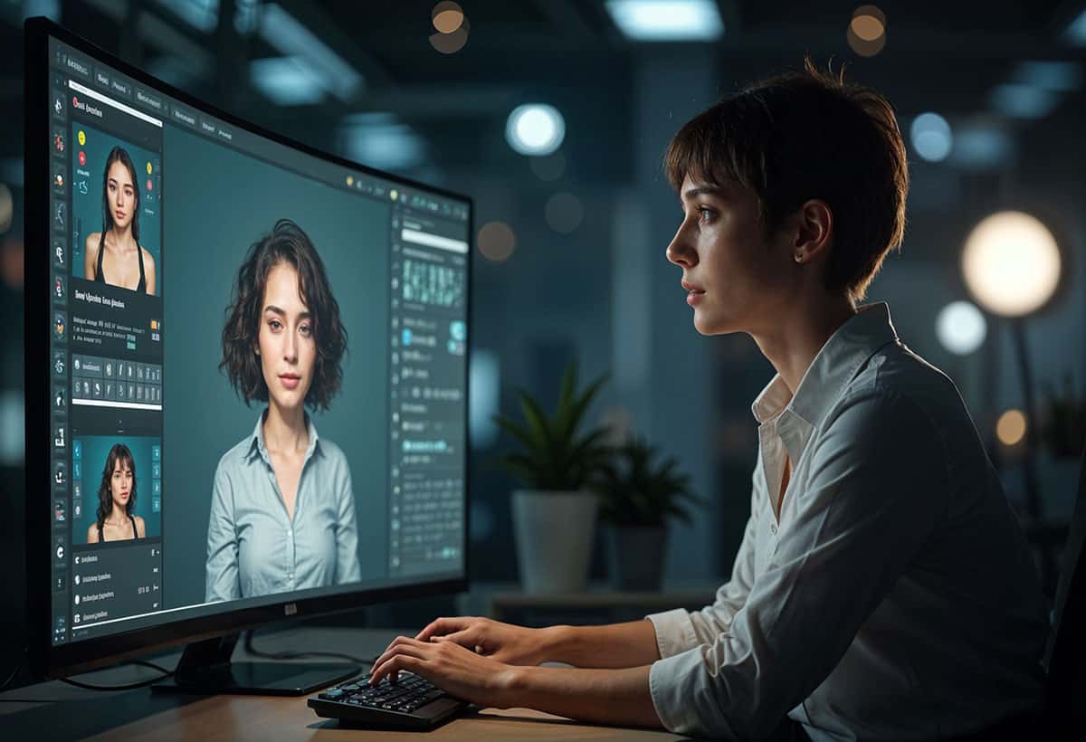 Photorealistic image of a person at a digital workstation, using AI-powered design tools to craft lifelike characters. The main character should look professional and focused, with realistic facial details, expressive eyes, and lifelike textures. Surround them with a high-tech workspace: a large screen displaying a detailed 3D model of a character in progress, along with various customization options, such as pose controls and texture enhancements. The background should be a sleek, modern studio with subtle lighting and reflections, evoking a futuristic yet inviting creative environment. The overall mood should be inspiring, emphasizing the professional and precise capabilities of RenderNet AI for realistic digital character creation.