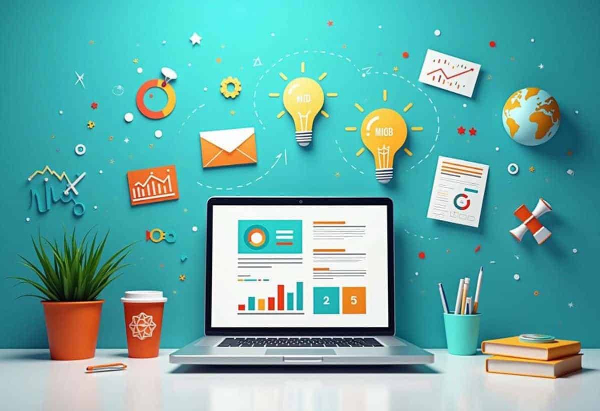 A dynamic and modern digital marketing workspace featuring a sleek laptop with marketing dashboards on the screen, surrounded by vibrant icons representing creativity, analytics, storytelling, and networking. The background includes subtle elements like charts, lightbulbs, and a digital globe to symbolize innovation and global reach. The color scheme incorporates bold and energetic hues like blue, orange, and green, reflecting growth and creativity in marketing. The scene is bright, professional, and inspiring, perfectly aligning with the theme of a winning marketers mindset.